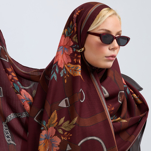 Elegant Long Casual Silk Wool Blend Shawl Hand Rolled Hem Luxury Equestrian Belt & Chain Motif Floral Accent Pashmina - Product Image 6