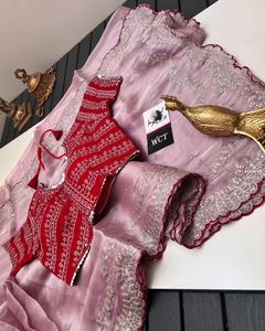Kain panjang baru sutra murni lembut zimmy choo dengan blus batas urutan sutra <span class=keywords><strong>Dupion</strong></span> dengan urutan bekerja Saree - Product Image 6