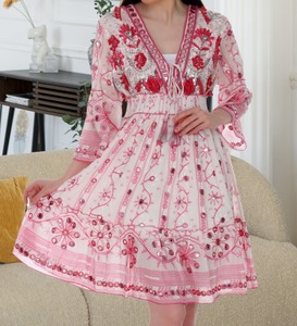 Sexy Eye Catching White Cotton Embellished Midi V-neck A-Line Dress Denim Embroidery One Size Elasticated Decorative Tussles - Product Image 1