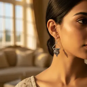 Boucles d'oreilles pendantes en argent 925 avec labradorite pour femmes, bijoux plaqués or avec perle et diamant pour mariages, fêtes, inspirées du christianisme - Product Image 1