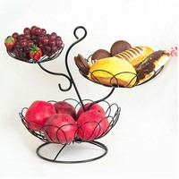 Produit de vente chaud présentoir de fruits bol en maille de fer à fruits en métal panier à 2 niveaux avec crochet suspendu banane arrondi pour le stockage