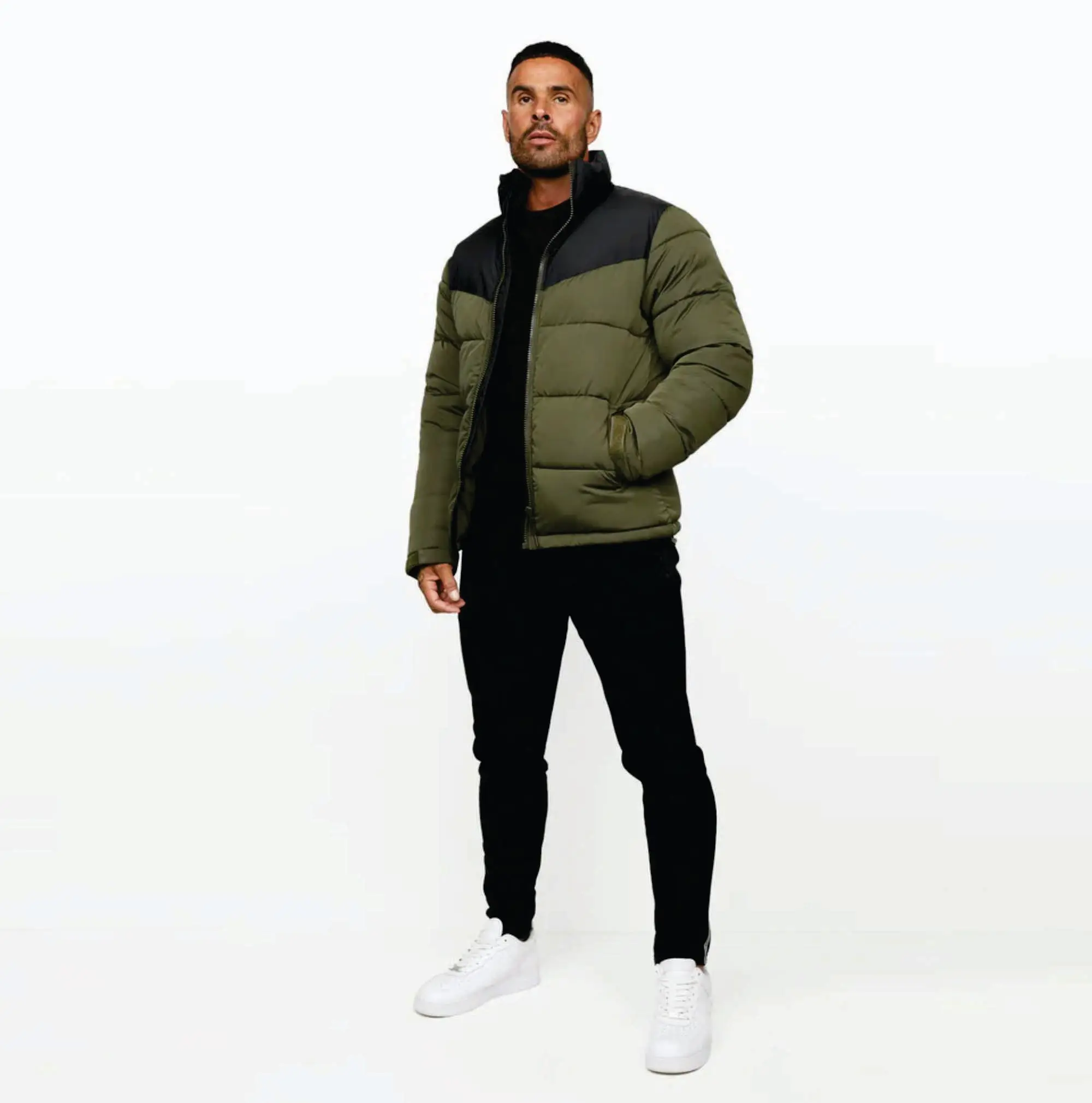 100% Polyester Full Zip Doublure Rembourrée Noir/Kaki Hommes Resolute Puffer Manteau avec 2 Poches Avant