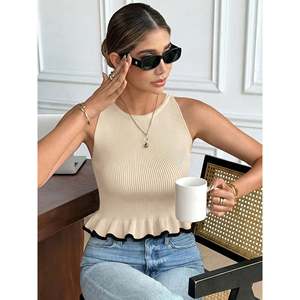 Women's Breathable Crocheted <b>Knit</b> <b>Tank</b> <b>Top</b> with Contrast Trim-Trendy Summer Vest - Product Image 5