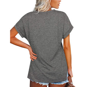 Camiseta Personalizada para Mujer, Color Rosa Brillante, Cuello en V, Tejido de Punto Transpirable, Estilo Casual, Diseño Liso, Tinte Uniforme, 2025 - Product Image 6