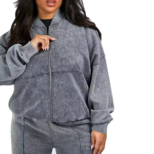 Ensemble de survêtement gris grande taille pour femme, coupe décontractée, sweat-shirt et pantalon à fermeture éclair intégrale, couleur unie, respirant, 100% coton - Product Image 4