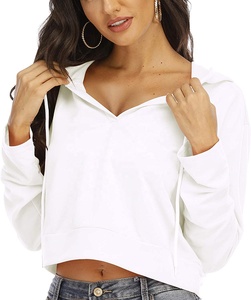 Womens Cropped Hoodies Long <b>Sleeve</b> Crop <b>Top</b> Deep V Neck Sweatshirt Pullover Vneck Crop Hoodie - Product Image 4