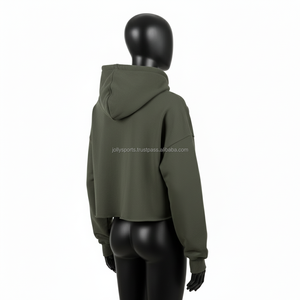 Sweat à capuche court pour femme en tissu polaire brossé 300GSM, ton olive, construction lisse, logo personnalisé, appliqué, travail de couture - Product Image 5