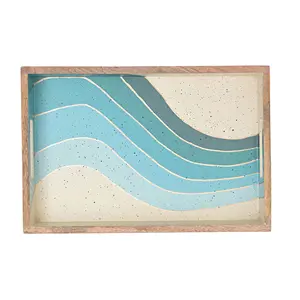 Plateau de service décoratif en bois moderne fait à la main, nouveau design avec motif de vagues océaniques, forme rectangulaire ronde pour la vaisselle. - Product Image 2
