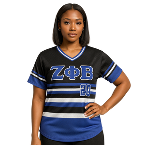 Zeta Phi Beta, jersey negro a rayas, Jersey de béisbol, 100% malla de poliéster, ropa de hermandad, Camiseta con cuello en V, apliques bordados - Product Image 1