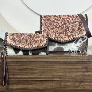 Bolso cruzado de piel de vaca occidental de moda para mujer con conjunto de cartera a juego, monedero de cuero genuino mecanizado a mano, conjunto de bolso de moda de dos piezas - Product Image 1