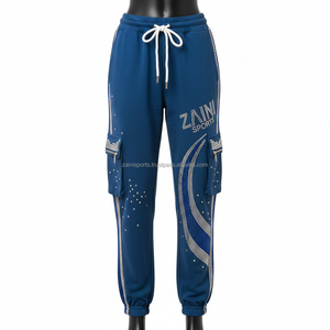 Pantalon de jogging pour femme de qualité supérieure, 300 GSM, coton, polyester, polaire, bleu marine, design à panneaux, logo en strass, transfert thermique, pantalon pour femme - Product Image 1