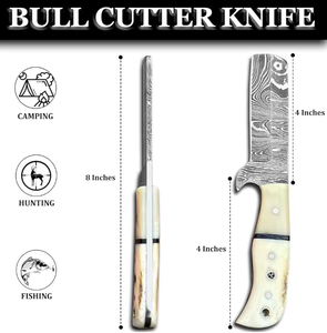 Couteau de chasse en acier Damas sur mesure en gros OEM, lame fixe pleine soie, fourreau en cuir, manche en os, couteau utilitaire - Product Image 2