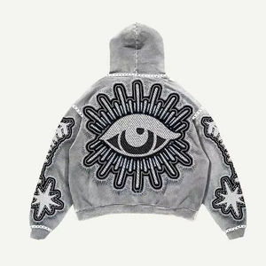 Sudadera con capucha unisex de estilo francés con bordado 3D, holgada, para hombre, con parches multicolor y teñido suave en relieve - Product Image 2