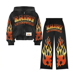 Sudadera con capucha y cremallera de forro polar de algodón y poliéster de 500 GSM, diseño de llamas negras, ropa con logotipo personalizado - Product Image 1