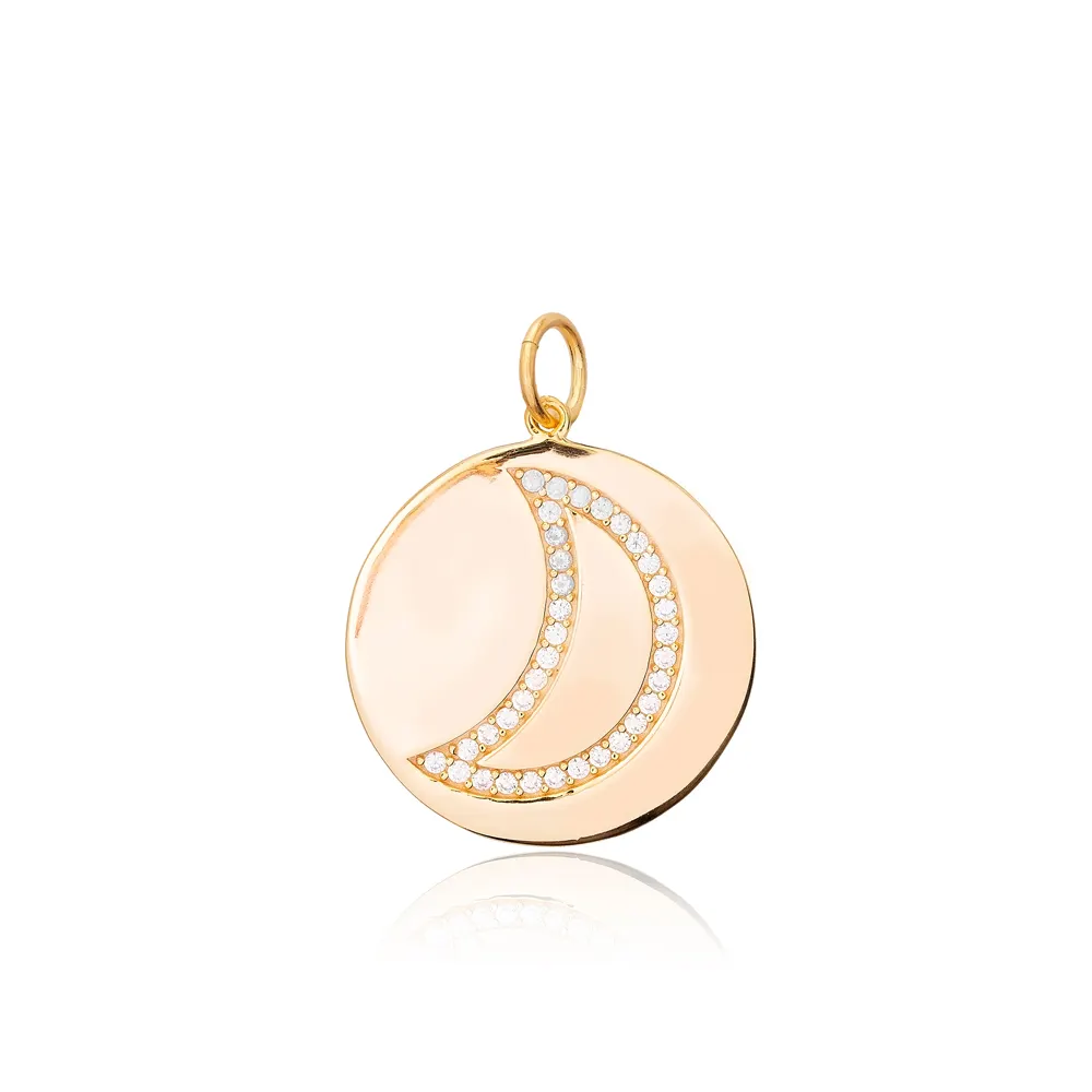 Moon Design Round Charm CZ Stone Bijoux en argent sterling 925 Pendentif artisanal turc