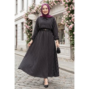 Black Striped Two-Piece Set Bow Collar Casual Summer Outfit XS-XL Crepe Fabric Top and <b>Skirt</b> - Product Image 1
