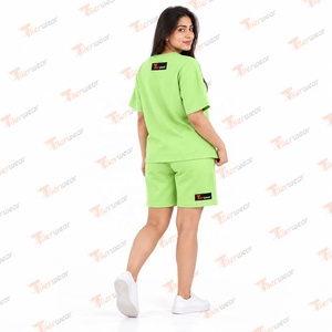 Conjunto de 2 Piezas para Mujer, Camiseta y Pantalones Cortos Verdes, Corte Holgado, Manga Corta, Cuello Redondo, Pantalones Cortos con Cordón, 100% Algodón, Deportivo, Verano - Product Image 5