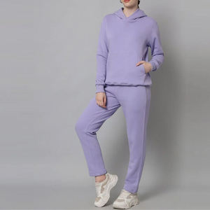 Vente en gros 100% coton survêtement ensemble de sport pour femmes grande taille 2 pièces vêtements d'entraînement sweat à capuche ample survêtement solide grande taille solide - Product Image 6