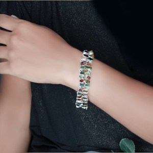 Brazalete de Plata de Ley 925 Chapado en Oro con Turmalina Natural Multicolor, Piedra en Bruto, Joyería de Diseño, Regalo de Piedra de Nacimiento - Product Image 1