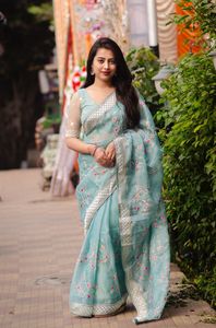 เสื้อส่าหรีผ้าโปร่งบางเนื้อนุ่มที่เป็นที่ต้องการสูงสำหรับผู้ใหญ่สวมใส่เป็นครั้งคราวสวยงามด้วยงานปักด้ายหลากสีลดราคา - Product Image 6