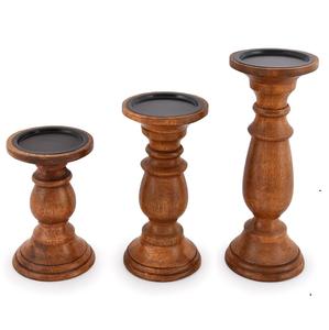 best manufacturer Turned wood <b>Candle</b> Holders Pillar <b>Set</b> of 3 Vintage Style Mango for Centerpiece for Dining Living Room - Product Image 1
