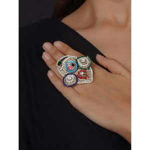 Anillo Tribal Ajustable Multicolor Plateado Casual EK-SFRNG156MD, Metal Base con Incrustaciones de Jadau, Baño de Rodio en Oro Rosa - Product Image 1