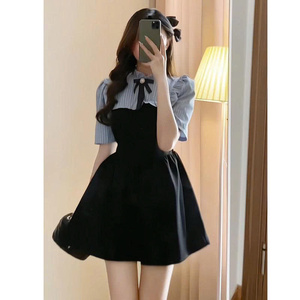 [Favoris] Robe chemise à carreaux bleus avec manches courtes, manches longues, design évasé, nœud papillon, style coréen, douce, mignonne, poétique - Product Image 3