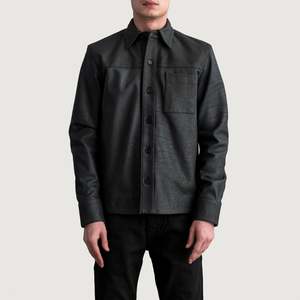 <b>Men's</b> Semi-Aniline Tumbled <b>Black</b> Sheepskin Leather Turn-down Collar Chest Pocket Shacket - Product Image 3