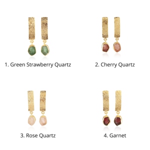 Pendientes colgantes de cuarzo rosa, cristal curativo natural de alta calidad, con baño de oro y textura metálica de diseño. - Product Image 2