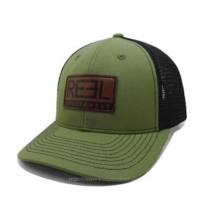 Custom Relieve/Debossed Logo Olive Trucker Sombreros Parche de cuero Trucker Sports Caps Wholesale Vietnam - Product Image 1