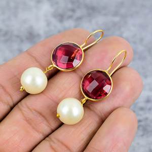 Pink <b>Tourmaline</b> & Pearl Round Gemstone 925 Sterling Silver Gold Plated <b>Earrings</b> Wire <b>Earrings</b> Gift for Women Wedding <b>Earrings</b> - Product Image 3