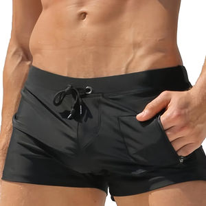Short de bain pour homme en nylon et élasthanne extensible, séchage rapide, avec poche zippée - Couleur unie, taille à cordon de serrage pour la plage et la piscine - Product Image 1