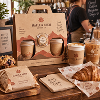 Boîte cadeau personnalisée pour café AT PACK avec poignée |   Ensemble d'emballage à emporter pour 3 tasses avec logo, gobelets à café, emballage pour biscuits et café