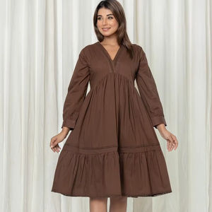 Alaya Cairo Casual Party Short Tiered Dress 100% Cotton Puff Sleeve Tie-Up Neck Breathable Solid Pattern Mini A-Line Dress - Product Image 1