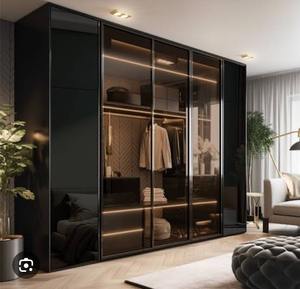 Armoire de luxe en verre noir avec plusieurs sections, étagères et tiroirs, meuble de rangement haut de gamme pour chambre à coucher, pour maisons modernes - Product Image 3