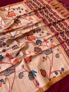 Sari en soie Tussar douce pour femmes avec bordure attrayante et blouse à imprimé contrasté, franges, nouveaux styles, fabriqué en Inde - Product Image 3