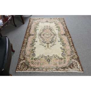 Tapis en Laine Turque Vintage Classique Beige Marron 3.9 X 6.7ft Tissage Plat Patchwork Motif Latex Support pour Décorations de Salon - Product Image 1