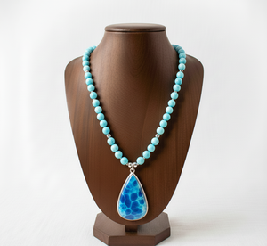 Bracelet en argent tibétain perlé de 18 pouces, fait main de haute qualité, pour femmes, design tendance avec fermoir, perles en pierre de larimar naturelle, à la mode - Product Image 1