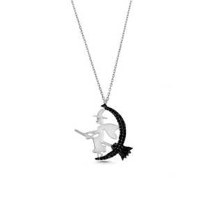 Collar de Plata de Ley 925 con Colgante de Bruja, Piedra Negra Engastada en Bisel y Escoba - Product Image 2