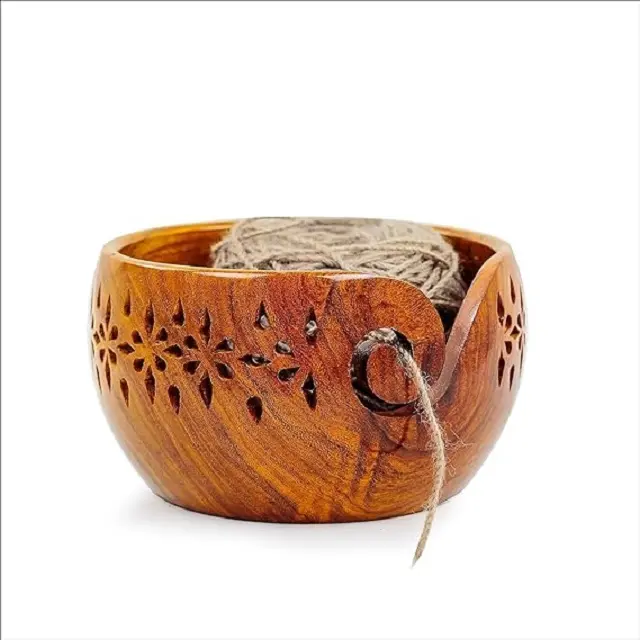 Tigela de madeira para tricô e crochê, tigela de madeira para tricô com furos e furos esculpidos, atacado de madeira de jacarandá