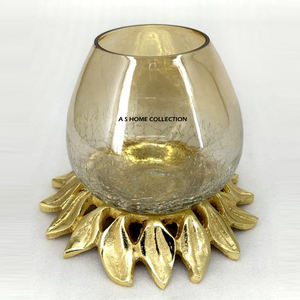 Prime Quality <b>Large</b> Metal & Glass <b>Candle</b> Holder With Golden Color Leafy Design Stand Ideal Tableware for Hotel Restaurant Use - Product Image 3