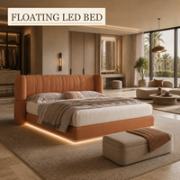Solution de mobilier de chambre à coucher en bois flottant avec LED personnalisées, lit moelleux orange, armoire, matelas, table de chevet, coiffeuse, panneau mural, pour hôtel