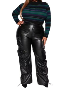 Pantalones Cargo de Cintura Alta, Transpirables, de Piel Sintética, con Bolsillos Planos, Estilo Urbano, Pierna Ancha, Casuales, Largos, para Hombre y Mujer, Lavados - Product Image 3