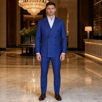 Jas Pria Biru Royal Double Breasted Enam Kancing Kerah Peak Lapel Kantong Lipat Slim Fit Jas Bisnis Pria Pesta Pernikahan Custom MTM