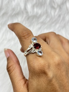 Handmade Boho Statement <b>Wedding</b> <b>Ring</b> for <b>Women</b> Natural Garnet Aquamarine <b>Silver</b> Oval Cut Bezel Setting for Parties - Product Image 3