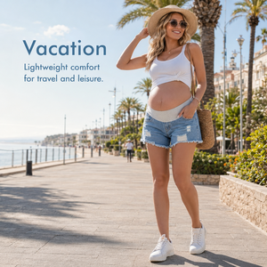 Shorts en jean <span class=keywords><strong>de</strong></span> maternité <span class=keywords><strong>taille</strong></span> haute pour femme enceinte avec soutien abdominal et poches – Collection été en promotion - Product Image 4