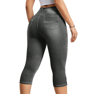 Womens Washed Black <b>Denim</b> Capri Pants High Waist <b>Stretch</b> Skinny Fit Casual Cropped Jeans Button Hem Daily Wear Style Everyday - Product Image 2