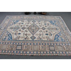 Alfombra turca Vintage azul Beige tradicional 6,5X8,9 pies Patrón de retazos de lana Alfombra de sala de estar Respaldo de látex Nuevo producto - Product Image 3