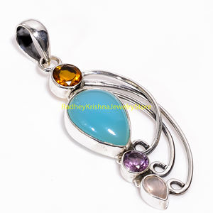 Colgante de Plata de Ley 925 con Múltiples Piedras Preciosas, Calcedonia Azul, Citrino, Amatista y Cuarzo Rosa, Joyería Hecha a Mano - Product Image 2