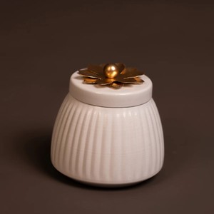 White Ribbed Metal Jar with Gold Floral Lid Elegant Decorative <b>Storage</b> <b>Container</b> for Home & Gifting At Manufacturer Price - Product Image 4